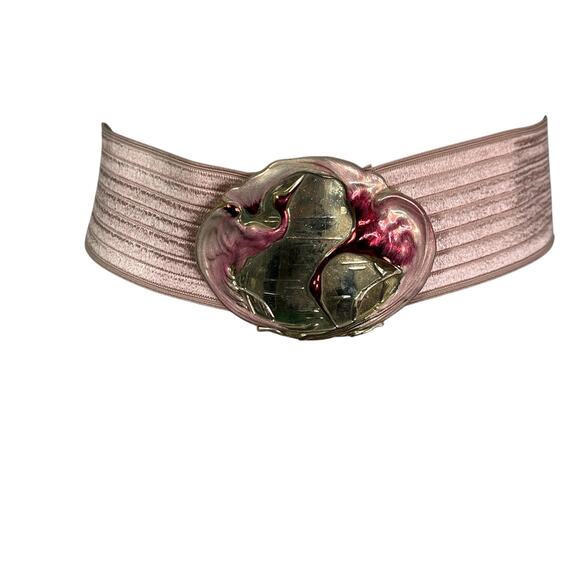 Vintage 1980s Charmant Belts Pink Flamingo Gold Buckle Elastic Belt L - Picture 3 of 6